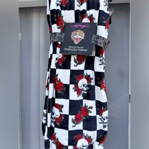 Ed Hardy Black and White Checkered Oversized Throw Blanket  with Red Roses Skull